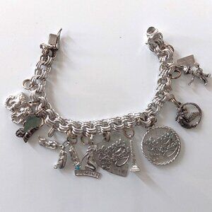 Vintage 925 Sterling Silver Rhodium Plated GAJ Charm Bracelet 44 grams